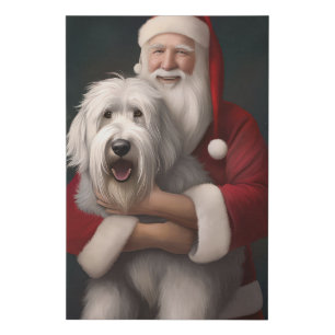 Old English Sheepdog With Santa Claus Festive Faux Canvas Print