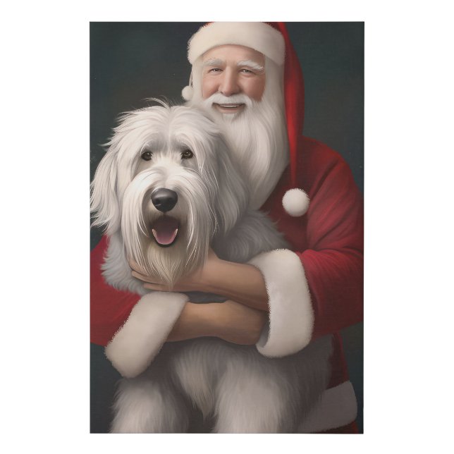 Old English Sheepdog With Santa Claus Festive Faux Canvas Print (Front)