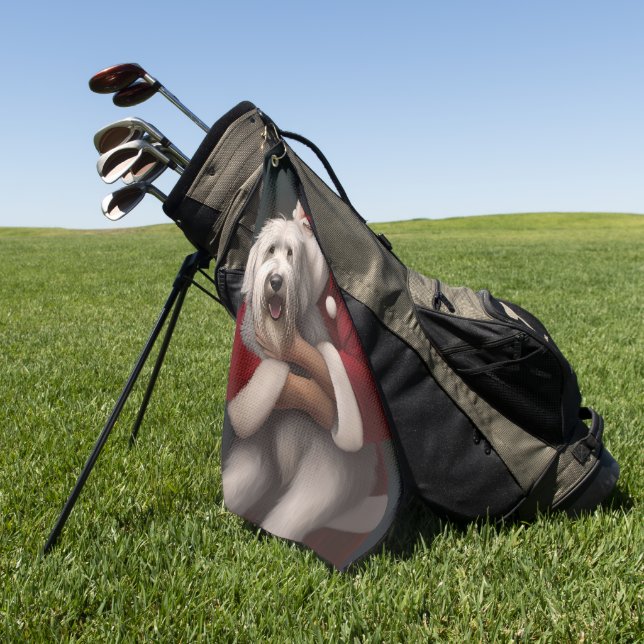 Old English Sheepdog With Santa Claus Festive Golf Towel (Green)