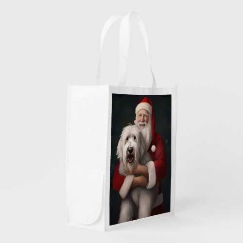 Old English Sheepdog With Santa Claus Festive Grocery Bag
