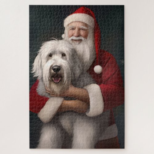 Old English Sheepdog With Santa Claus Festive Jigsaw Puzzle