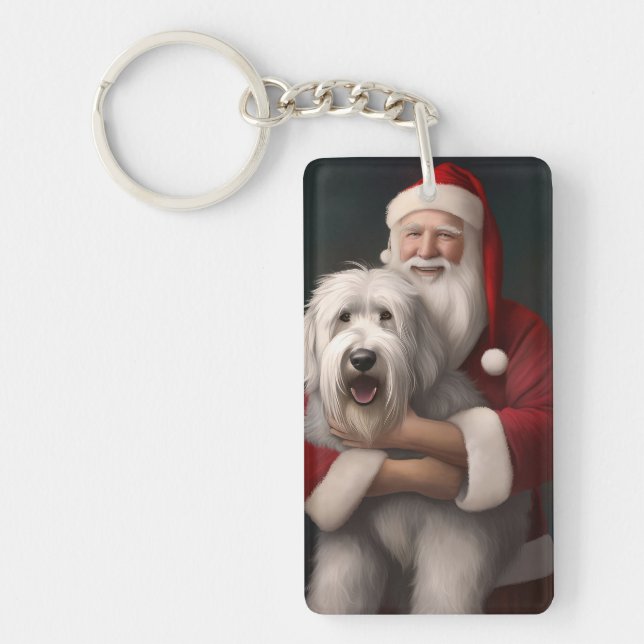 Old English Sheepdog With Santa Claus Festive Keychain (Front)