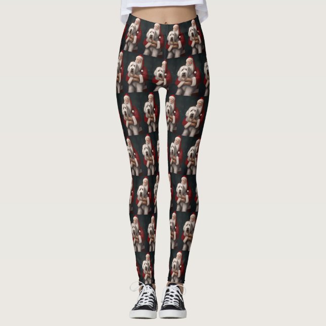 Old English Sheepdog With Santa Claus Festive Leggings (Front)