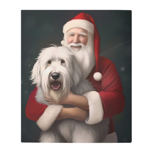 Old English Sheepdog With Santa Claus Festive Metal Print