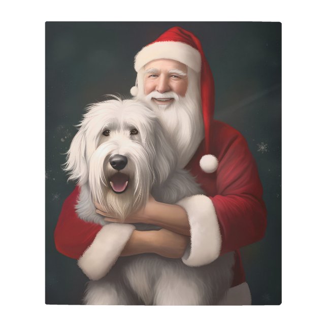 Old English Sheepdog With Santa Claus Festive Metal Print (Front)