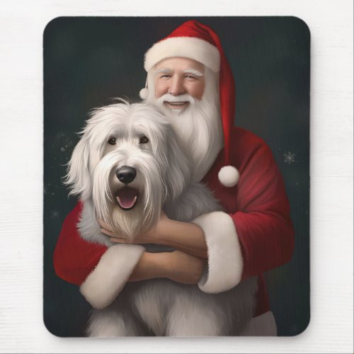 Old English Sheepdog With Santa Claus Festive Mouse Pad