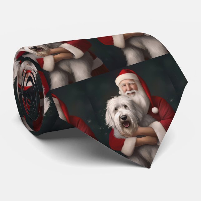 Old English Sheepdog With Santa Claus Festive Neck Tie (Rolled)