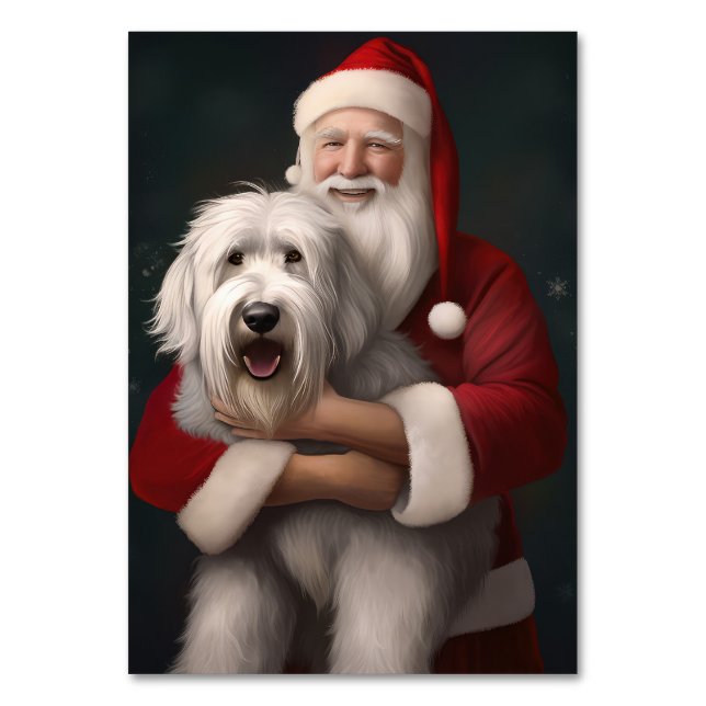 Old English Sheepdog With Santa Claus Festive Table Number (Front)