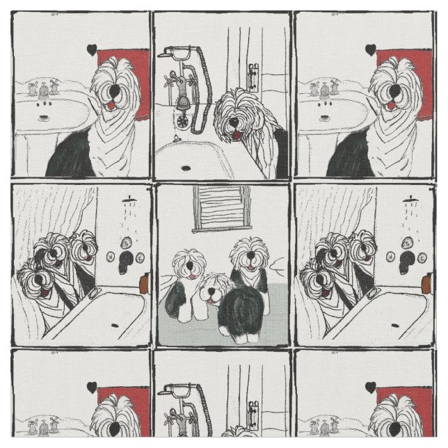 Old English Sheepdogs bathroom fabric (Close Up)