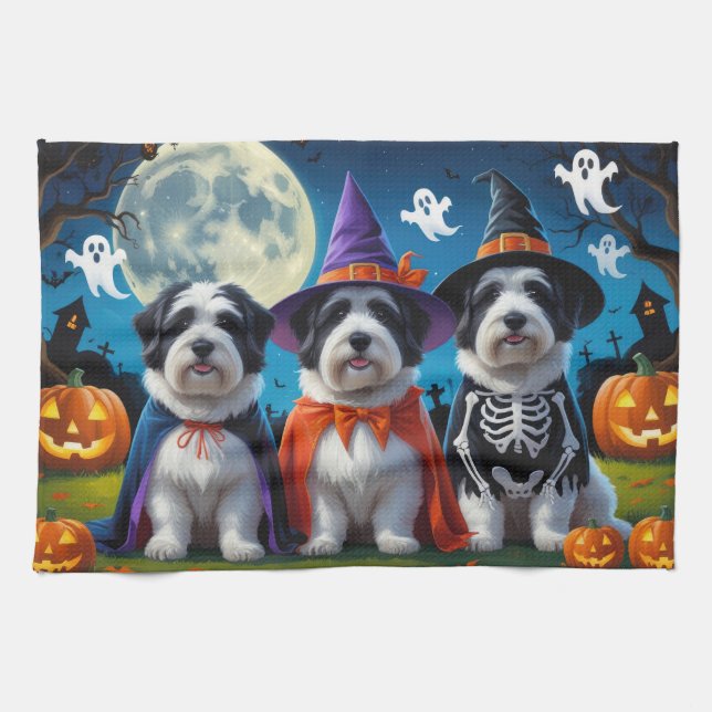 Old English Sheepdogs Pumpkin Halloween Funny Kitchen Towel (Horizontal)