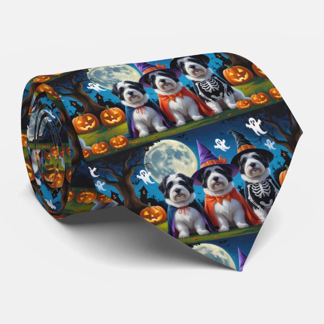 Old English Sheepdogs Pumpkin Halloween Funny Neck Tie (Rolled)