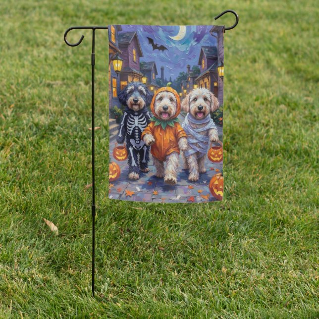 Old English Sheepdogs Trick-or-Treating Halloween  Garden Flag (In SItu)