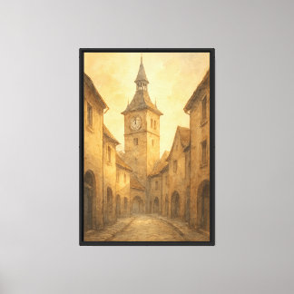Old European Clock Tower Vintage Engraving Canvas Print