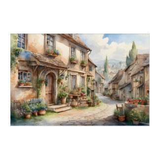 Old European village rustic view watercolor Acrylic Print