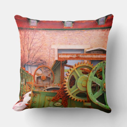 Old Factory Machinery Gears Wheels Vieux Hull Throw Pillow