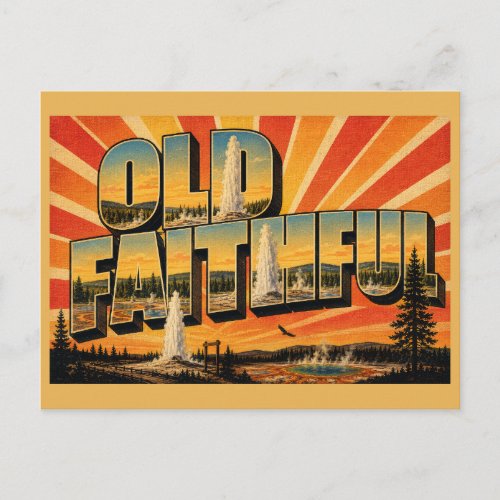 Old Faithful WY Geyser Basin Forest Art Postcard