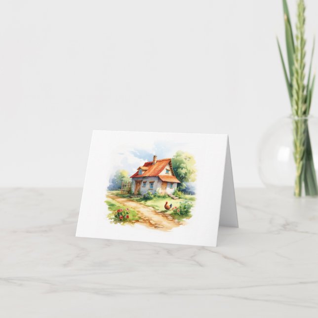 Old Farm House with Chickens, Country Life BLANK Card (Front)