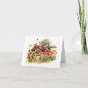 Old Farm Tractor with Red Flowers BLANK Card