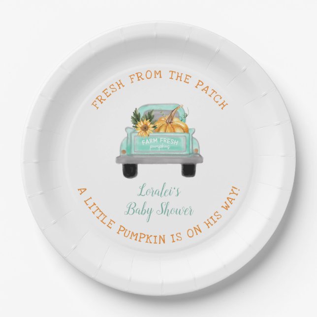 Old Farm Truck With Pumpkin Fall Baby Shower Paper Plates (Front)