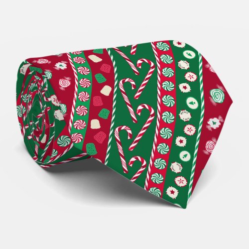 Old Fashion Christmas Candies Stripes Pattern Neck Tie