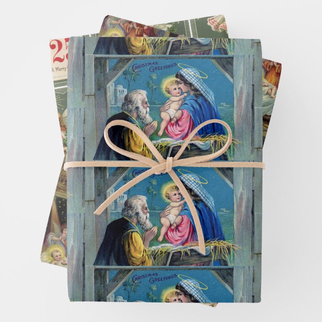Old Fashion Christmas Postcards Nativity Angels 3 Wrapping Paper Sheets (In situ)