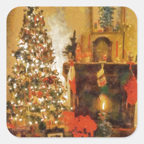 Old Fashion Christmas Tree And Fireplace Square Sticker