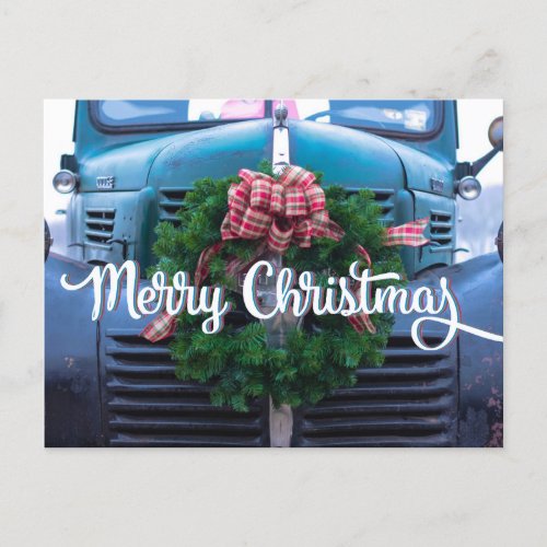 Old Fashion Christmas Truck Wreath  Holiday Postcard