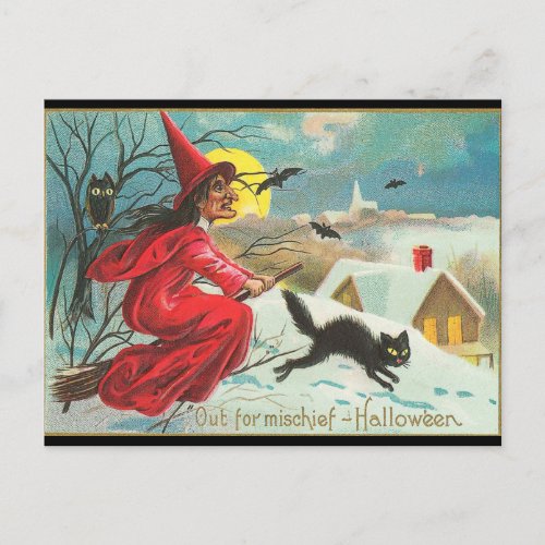 Old Fashion Halloween Witch Flying Black Kitty Postcard