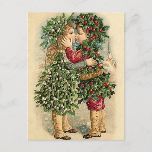 Old Fashion Holly Kids Kissing Christmas Holiday Postcard