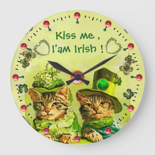 OLD FASHION STPATRICKS CATS Kiss me Iam Irish Large Clock