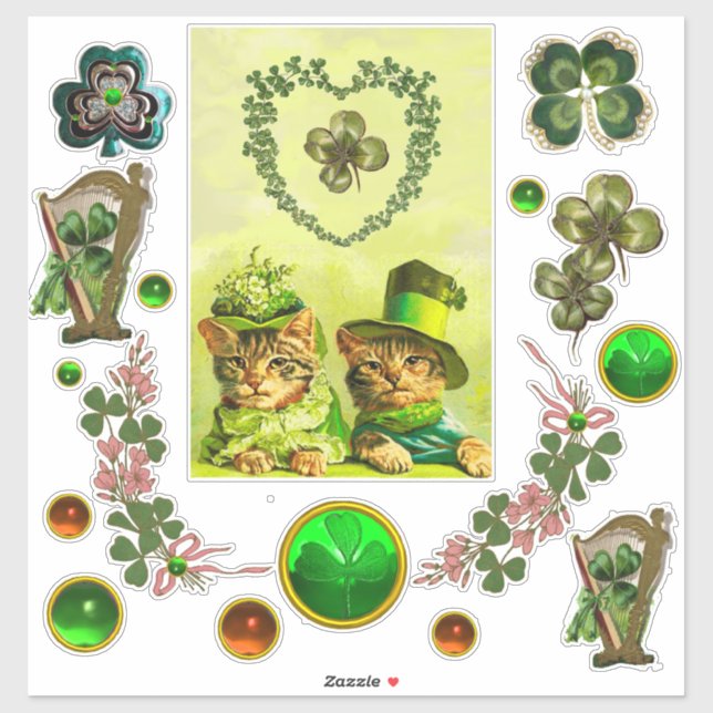 OLD FASHION ST. PATRICK'S DAY CATS ,SHAMROCK HEART STICKER (Sheet)