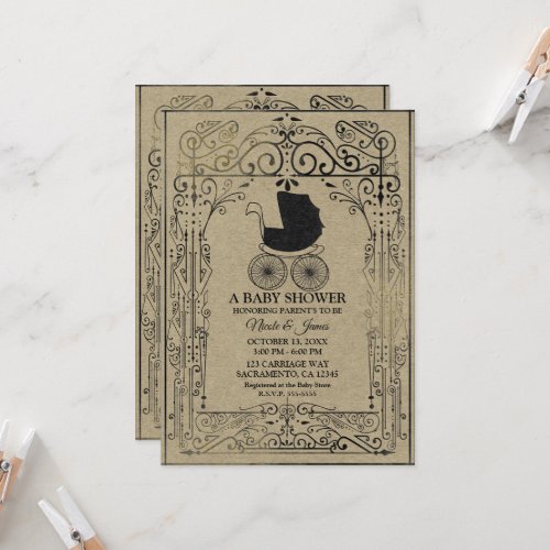 Old Fashion Vintage Carriage Deco Baby Shower Invitation