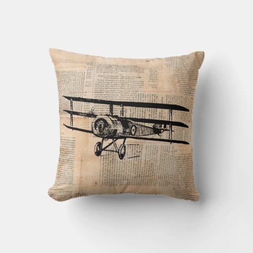 Old Fashioned Airplane Vintage Plane Newspaper Throw Pillow