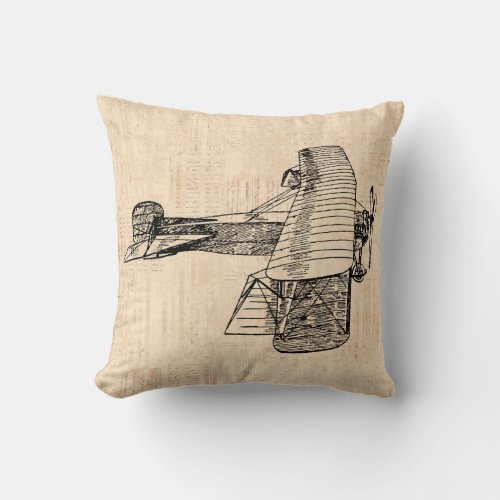 Old Fashioned Antique Airplane Beige Script Throw Pillow