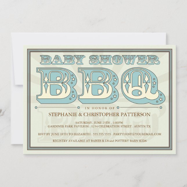 Old Fashioned Baby Shower BBQ in Blue Invitation (Front)