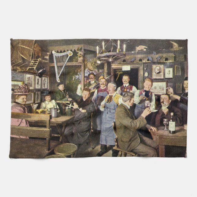 Old Fashioned Bar with People Celebrating, a Party Kitchen Towel (Horizontal)