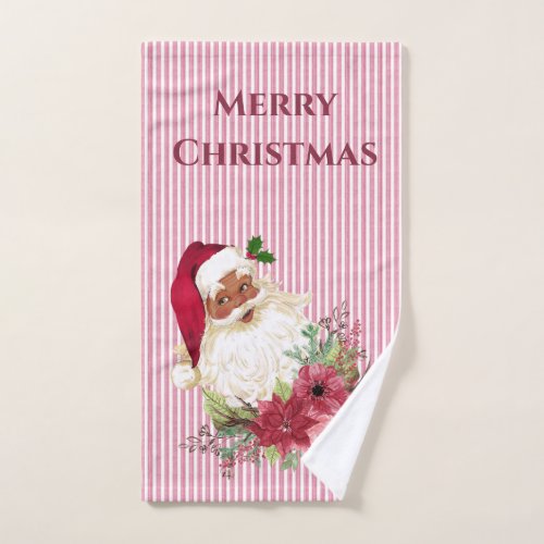 Old Fashioned Black Santa Cranberry Floral Stripe Hand Towel