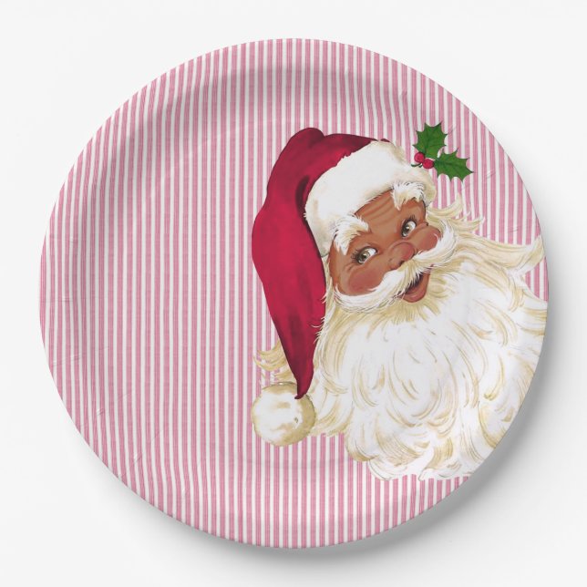 Old Fashioned Black Santa Cranberry Stripe Paper Plates (Front)
