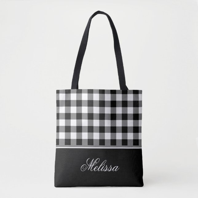 Old Fashioned Black & White Gingham | Personalized Tote Bag (Front)