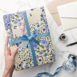 Old-fashioned Blue Floral Quilt Pattern Wrapping Paper