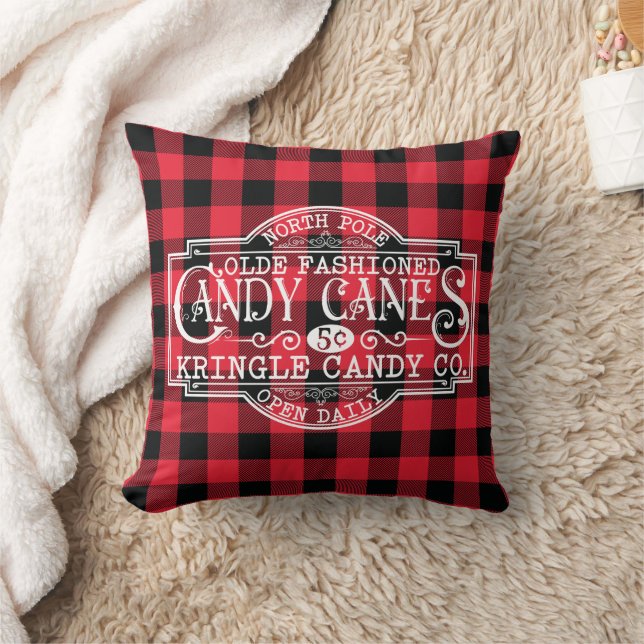 Old Fashioned Candy Canes Buffalo Check  Throw Pillow (Blanket)