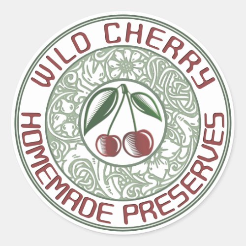 Old Fashioned Cherry Jam Stylized Fruit and Flower Classic Round Sticker