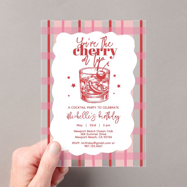 Old Fashioned Cherry on Top Pink Birthday Party Acrylic Invitations (Insitu (Handheld))