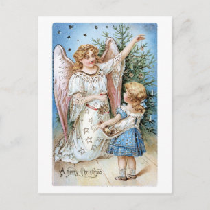Old-fashioned Christmas, Angel with Girl Holiday Postcard
