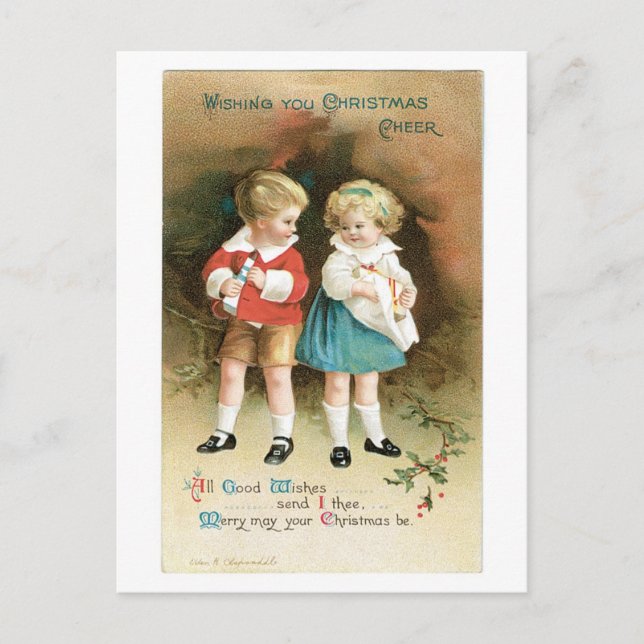Old-fashioned Christmas, Boy & Girl Holiday Postcard (Front)