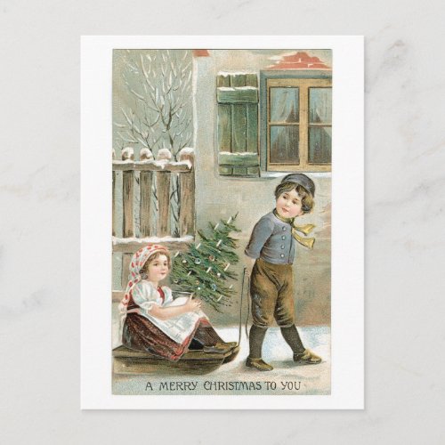 Old_fashioned Christmas Boy  Girl Holiday Postcard