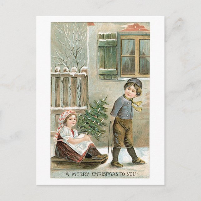 Old-fashioned Christmas, Boy & Girl Holiday Postcard (Front)