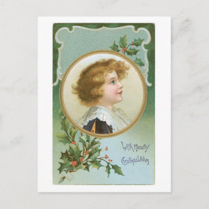 Old-fashioned Christmas, Boy, Holly Holiday Postcard