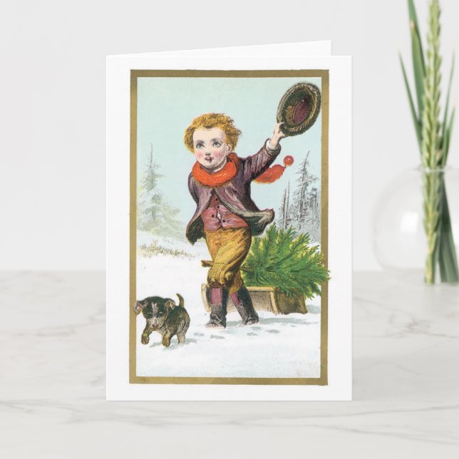Old-fashioned Christmas, Boy with Puppy Holiday Card (Front)