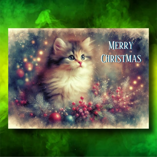 Old Fashioned Christmas Cat  Antique Art Holiday Card (Creator Uploaded)